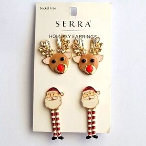 Serra Holiday Christmas Reindeer and Santa Earrings Nickel Free 2 Pair